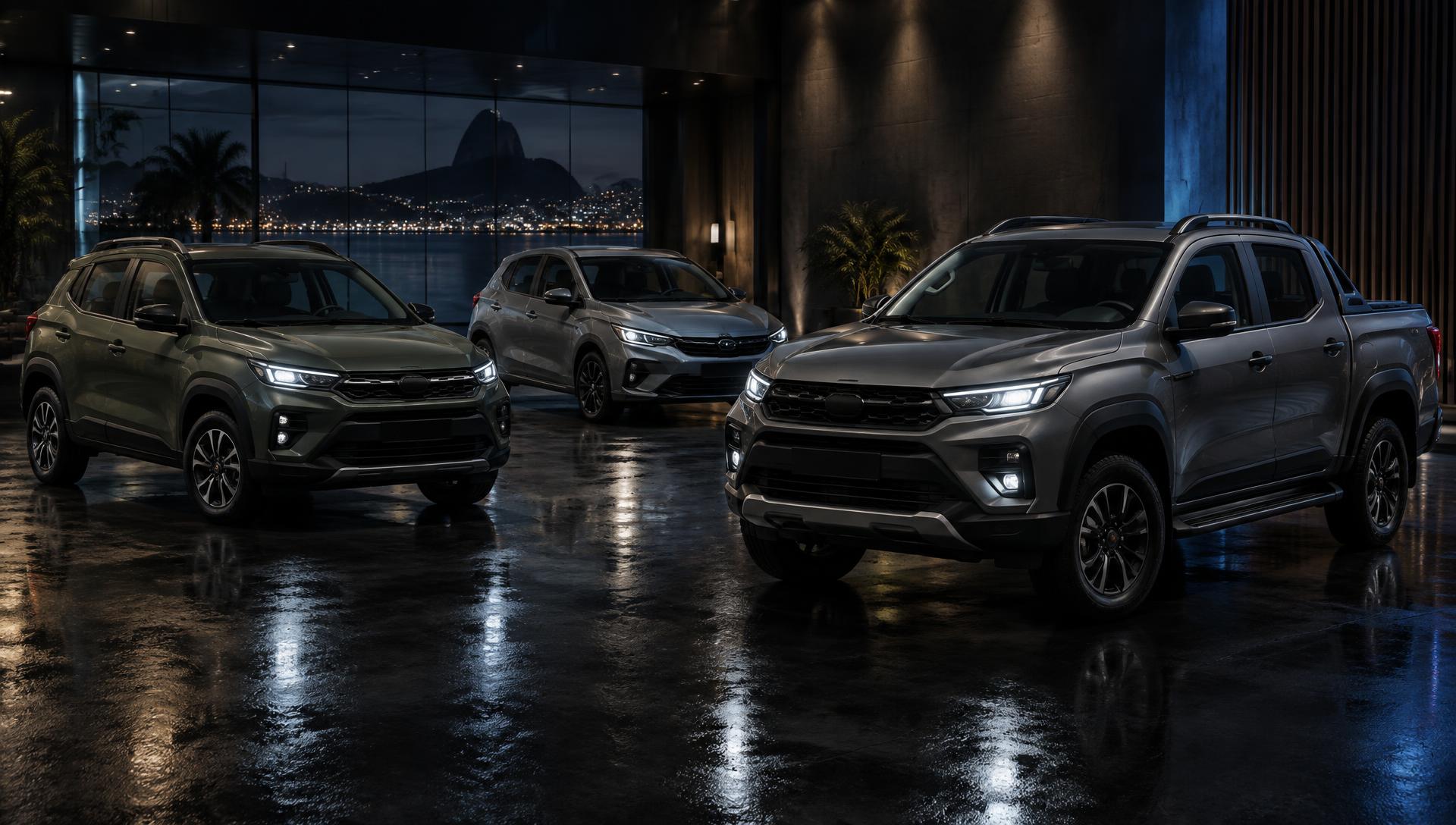 Showroom escuro com SUV, sedã e picape modernos sob iluminação cinematográfica
